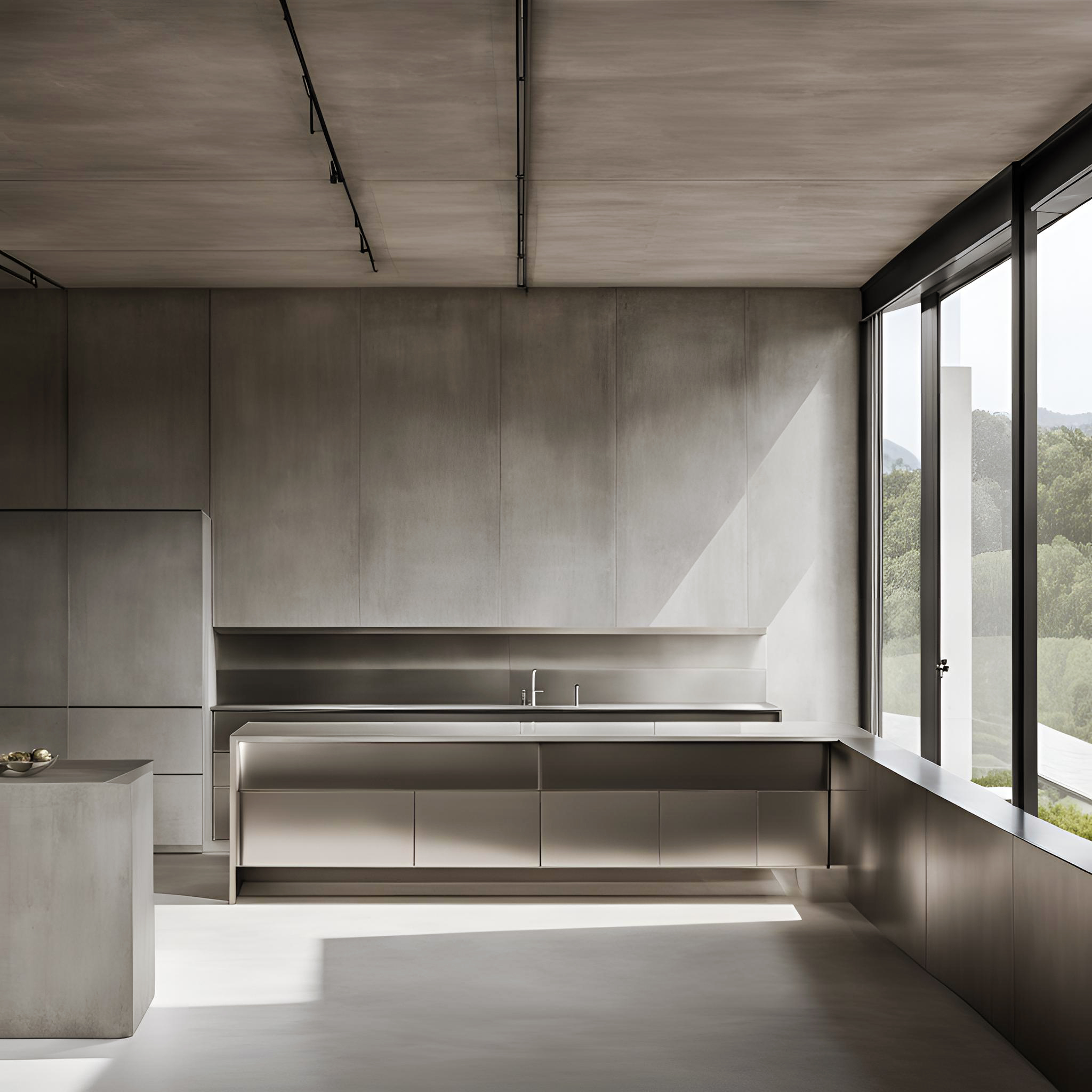 minimal interior with bruched stainless steel detail and concrete finish (1) minimal interior with bruched stainless steel detail and concrete finish (1)
